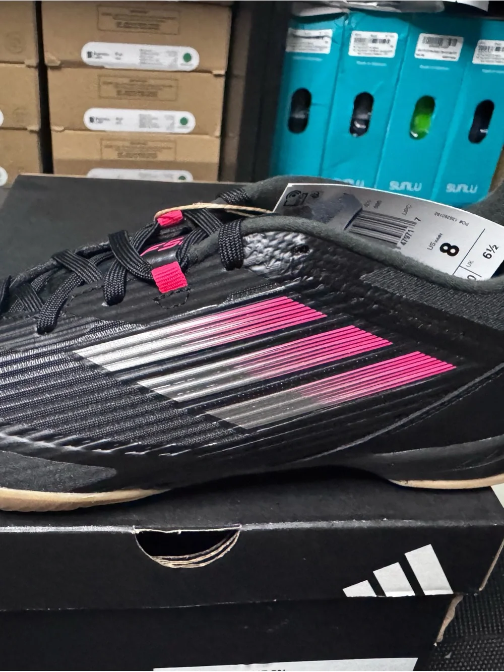 adidas Kids Black Indoor Soccer Sneakers with Pink and White Stripes